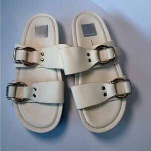 Dolce Vita White Platform Slide Sandals Gold Ring Hardware Womens Size 8 (Est)